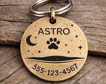 Celestial Pet ID Tag, Dog Tag, Dog ID Tag, Hand Stamped Dog Tag, Dog Tag for Collar, Personalized Tag, Size Choice, Copper Metal Choice