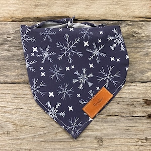 Dog Bandana, Winter White Snowflakes Navy Blue Bandana Personalized Leather Tag Tie On Dog Dog Bandana Boho Dog Bandana Unisex Dog Bandana