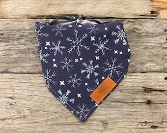 Dog Bandana, Winter White Snowflakes Navy Blue Bandana Personalized Leather Tag Tie On Dog Dog Bandana Boho Dog Bandana Unisex Dog Bandana