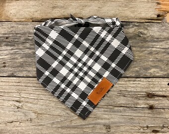 Dog Bandana, Black and White Plaid Striped Plaid Bandana Personalized Leather Tag Tie On Dog Dog Bandana Boho Dog Bandana Unisex Dog Bandana