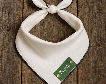 Dog Bandana, White Frosted, Personalized Bandana with Leather Name Tag, Black Merrow Hem - Dog Clothing, Pet Lover Gifts, Pet Accessory