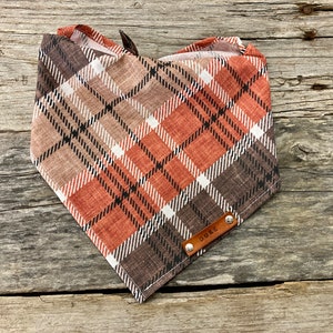 Dog Bandana, Winter Plaid Rust Orange, Traditional Tie, Personalized Leather Name Tag Bandanna, Scarf, Pet Accessories, Dog Bandana