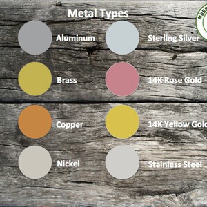 May include: A chart showing different metal types with color swatches. The metal types are Aluminum, Sterling Silver, Brass, 14K Rose Gold, Copper, 14K Yellow Gold, Nickel, and Stainless Steel.