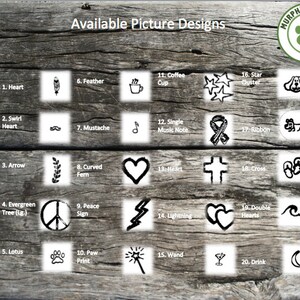 May include: A chart of 25 different design options for a personalized pet tag. The designs include a heart, a swirl heart, an arrow, an evergreen tree, a lotus flower, a feather, a mustache, a curved fern, a peace sign, a paw print, a coffee cup, a single music note, a star cluster, a ribbon, a cross, a lightning bolt, a double heart, a wave, a dog face, a stick dog, flip flops, a wand, a martini glass, and a half moon.