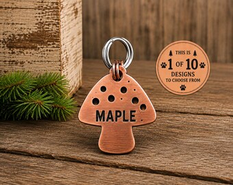 Personalized Dog Tag, Mushroom Pet ID Tag, Custom Engraved Copper Dog Tag, Woodland Pet Tag, Handmade Rustic Dog Collar Tag - 10 Designs