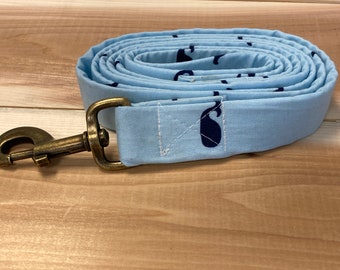 Dog Leash, Whales Light Blue Background, Lightweight Fabric Dog Leash, Personalized Custom Dog Leash, Puppy Leash, Fancy Script Nameplate