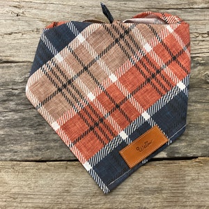 Dog Bandana, Winter Plaid Blue Rust Brown, Bandana Personalized Leather Tag Tie On Dog Dog Bandana Boho Dog Bandana Unisex Dog Bandana