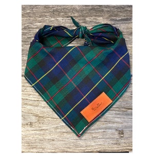 Dog Bandana, Tartan Green Navy Red Plaid, Dog Bandana, Traditional Tie, Personalized Leather Name Tag Bandanna, Pet Accessories, Dog Bandana