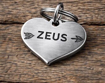 Arrow Heart Pet ID Tag – Personalized Valentine’s Day Dog or Cat Name Tag – Engraved Silver Heart Collar Tag with Arrow Details