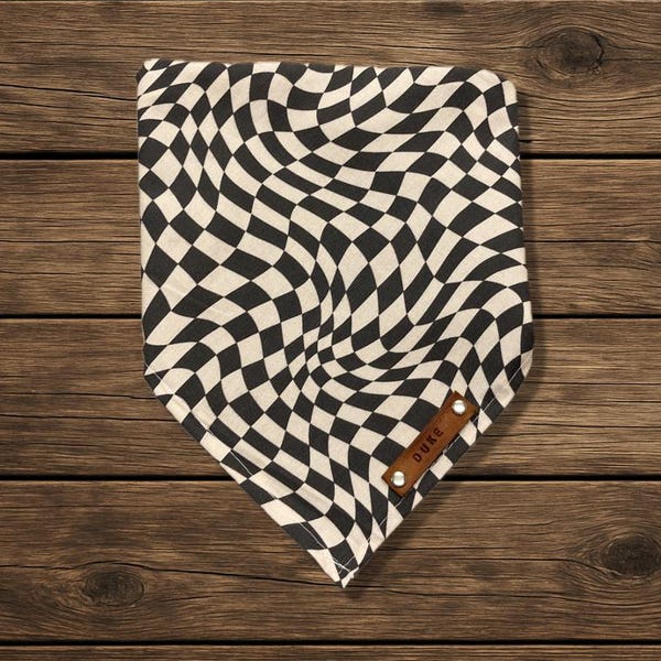Dog Bandana, Wavy Black White Checker Twists, Traditional Tie, Personalized Leather Name Tag Bandanna, Scarf, Pet Accessories, Dog Bandana