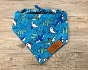 Dog Bandana, Sharks Blue Ocean, Traditional Tie, Personalized Leather Name Tag Bandanna, Scarf, Pet Accessories, Puppy Dog Bandana