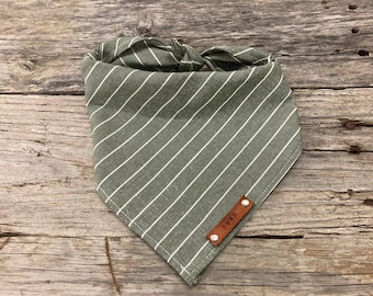 Striped Dog Bandana: Olivine and White with Leather Name Tag