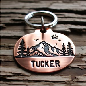 Custom Copper Tree and Mountain Pet ID Tag - Nature-Inspired Landscape Design - Personalized Dog/Cat Name Tag Durable Stylish Pet Accessory