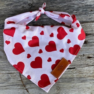Puede incluir: Bandana para perros con fondo rosa claro y estampado de corazones rojos. La bandana est&aacute; atada en la parte superior y tiene una etiqueta de cuero marr&oacute;n con la palabra "Willow". La bandana es de tela suave.