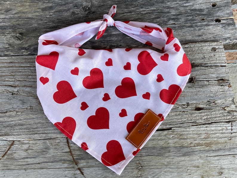 Puede incluir: Bandana para perros con fondo rosa claro y estampado de corazones rojos. La bandana est&aacute; atada en la parte superior y tiene una etiqueta de cuero marr&oacute;n con la palabra "Willow". La bandana es de tela suave.