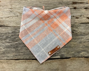 Dog Bandana, Winter Plaid Light Blue Orange, Traditional Tie, Personalized Leather Name Tag Bandanna, Scarf, Pet Accessories, Dog Bandana