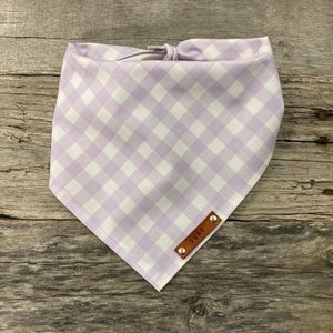 Dog Bandana, Spring Lilac Gingham Plaid, Traditional Tie, Personalized Leather Name Tag Bandanna, Scarf, Pet Accessories, Cat Bandana