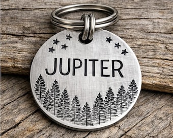 Personalized Dog ID Tag – Forest Silver Pet Tag with Stars, Custom Engraved Name, Outdoor Midnight Sky Adventure Dog Collar Tag For Pets
