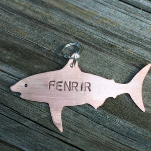 Shark Pet Tag - Medium 1 x 1 1/2" Custom Pet Id Tag - Personalized Hand-Stamped Dog Name Tag - Select Metal Type Funny Ocean Pacific Beach