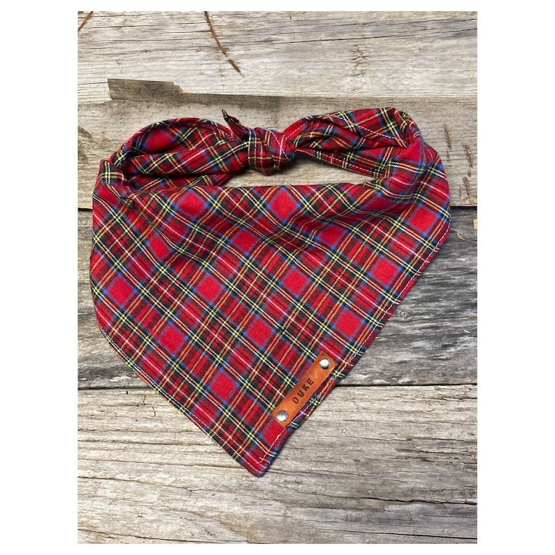 Dog Bandana, Red Green Plaid, Dog Bandana, Traditional Tie, Personalized Leather Name Tag Bandanna, Scarf, Pet Accessories, Dog Bandana image 1