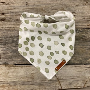 Dog Bandana, Sage and White Spotted, Traditional Tie, Personalized Leather Name Tag Bandanna, Scarf, Pet Accessories, Dog Bandana
