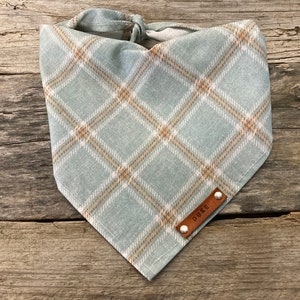 Personalized Fall Plaid Dog Bandana - Leather Name Tag, Tie Closure