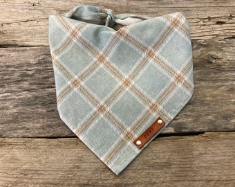 Dog Bandana, Fall Plaid Sage and Orange, Traditional Tie, Personalized Leather Name Tag Bandanna, Scarf, Pet Accessories, Dog Bandana