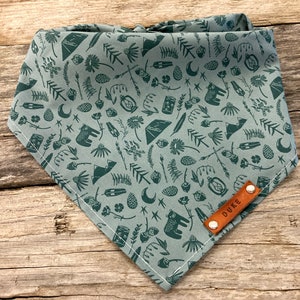 Dog Bandana, Adventure Outdoor Woodland Camp Green Dog Bandana, Traditional Tie, Personalized Leather Name Tag Bandana Scarf Pet Accessories