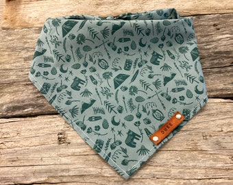 Dog Bandana, Adventure Outdoor Woodland Camp Green Dog Bandana, Traditional Tie, Personalized Leather Name Tag Bandana Scarf Pet Accessories