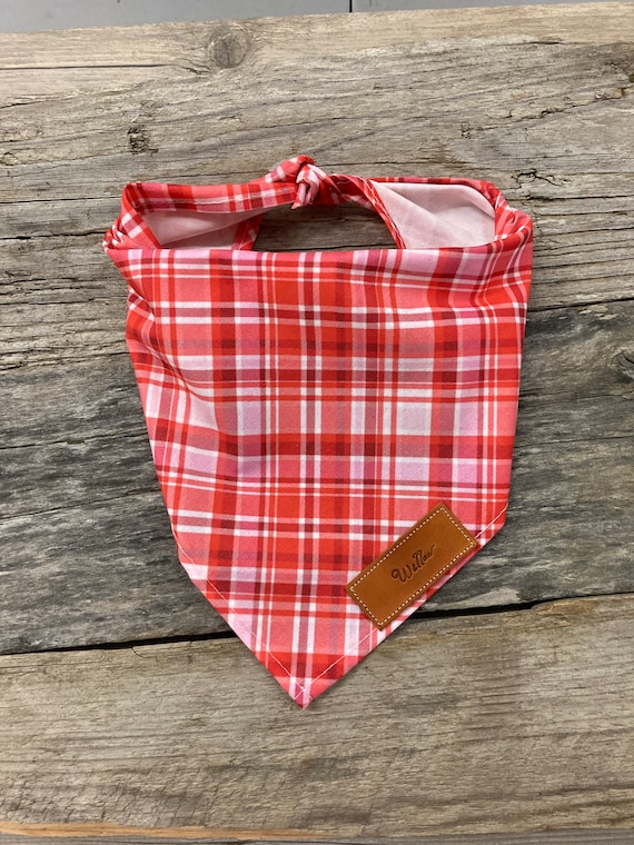 Dog Bandana, Valentine's Day Plaid Red and Pink, Personalized Leather Tag, Dog Bandana, Dog Bandana Unisex Dog Bandana, Pet Toys, Pet Gifts