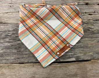 Dog Bandana, Rustic Orange Stripes Plaid Traditional Tie, Personalized Leather Name Tag Bandanna, Scarf, Pet Accessories, Dog Puppy Bandana