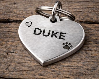 Personalized Heart Pet ID Tag with Paw Print – Valentine’s Day Dog or Cat Name Tag – Engraved Silver Heart Collar Tag Gift