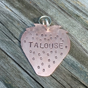 Strawberry Pet Tag - Medium 1 x 1 1/2&quot; Custom Pet Id Tag - Personalized Hand-Stamped Dog Name Tag - Select Metal Type Funny