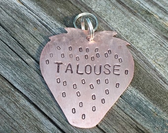 Strawberry Pet Tag - Medium 1 x 1 1/2" Custom Pet Id Tag - Personalized Hand-Stamped Dog Name Tag - Select Metal Type Funny