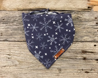 Dog Bandana, Winter White Snowflakes Navy Blue, Traditional Tie, Personalized Leather Name Tag Bandanna, Scarf, Pet Accessories, Dog Bandana