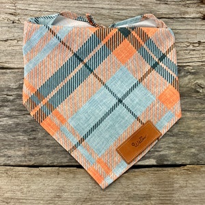 Dog Bandana, Winter Plaid Orange Blue Striped, Bandana Personalized Leather Tag Tie On Dog Dog Bandana Boho Dog Bandana Unisex Dog Bandana