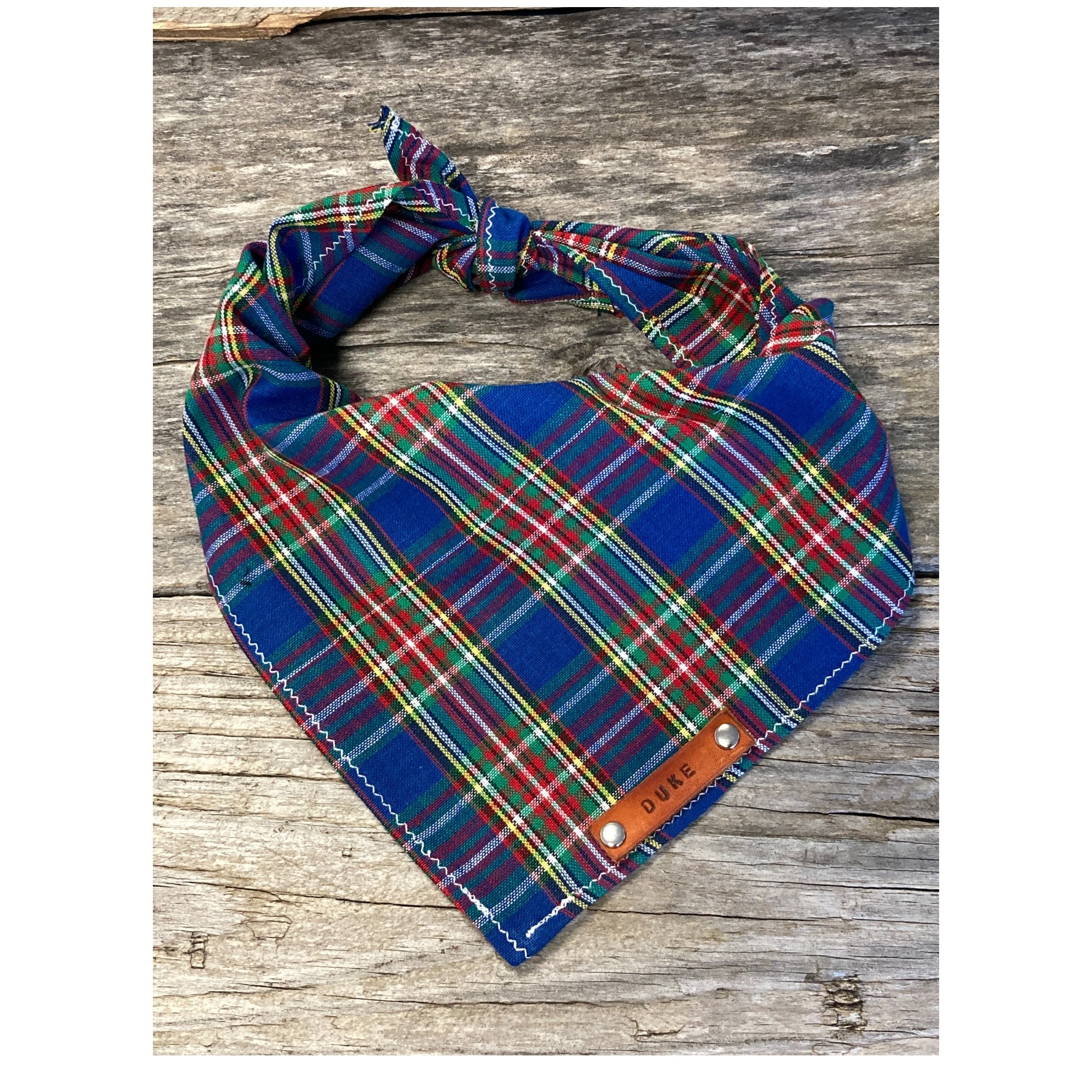Dog Bandana, Tartan Royal Blue Red Traditional Tie, Personalized Leather Name Tag Bandanna, Scarf, Pet Accessories, Bandana