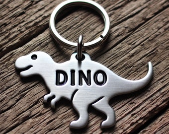 Personalized Pet ID Tag - T Rex Dinosaur Shape Dog Tag, Custom Name Hand Stamped, Brushed Finish, Unique Dog Tag, Durable Pet Accessories