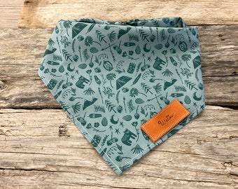 Dog Bandana, Camping Stories, Adventure Outdoor Woodland Green Dog Bandana, Traditional Tie, Personalized Leather Name Tag Pet Accessories
