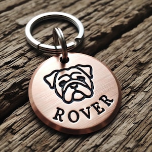 Dogs Bulldog Face Pet ID Dog Tag, Personalized Custom Engraved, Strong Durable Pet Identification Unique Pet Name Tag, Collar Accessory
