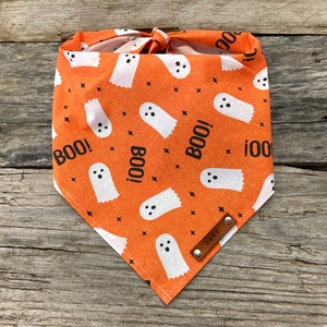 Dog Bandana, Friendly Ghost Halloween Orange, Traditional Tie, Personalized Leather Name Tag Bandanna, Scarf, Pet Accessories, Dog Bandana