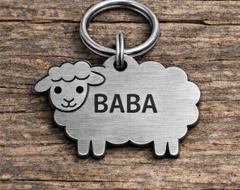 Sheep Pet ID Tag Personalized | Silver Brushed Metal Dog Tag | Farm Animal Pet Name Tag | Cute Sheep Shape | Custom Engraved Gift for Pets