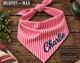 Personalized Seersucker Dog Bandana, Custom Name Tag, Striped Dog Bandana, Personalized Pet Scarf, Puppy Gift - Choose Color, Size, Fonts