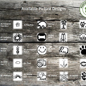 May include: A chart of 50 different black and white illustrations on a wood background. The illustrations include a variety of animals, plants, and objects. The text "Available Picture Designs" is at the top of the chart.