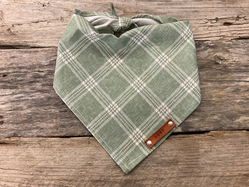 Dog Bandana, Fall Plaid Windows Sage and White, Traditional Tie, Personalized Leather Name Tag Bandanna, Scarf, Pet Accessories, Dog Bandana image 1