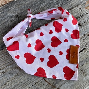 Puede incluir: Bandana para perros con un patr&oacute;n de corazones rojos sobre un fondo rosa claro. La bandana est&aacute; atada en la parte superior y presenta una peque&ntilde;a etiqueta de cuero marr&oacute;n con texto blanco. La tela parece ser de algod&oacute;n.