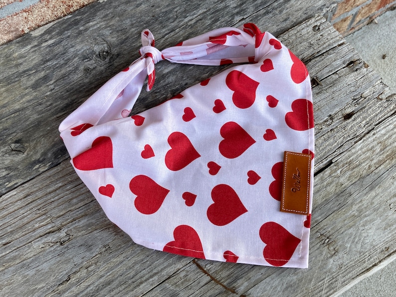 Puede incluir: Bandana para perros con un patr&oacute;n de corazones rojos sobre un fondo rosa claro. La bandana est&aacute; atada en la parte superior y presenta una peque&ntilde;a etiqueta de cuero marr&oacute;n con texto blanco. La tela parece ser de algod&oacute;n.