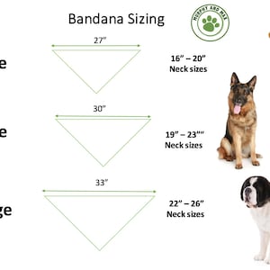 Puede incluir: Gu&iacute;a de tallas de bandana con medidas en pulgadas para bandanas Large, XLarge y XXLarge. Incluye recomendaciones de tama&ntilde;o de cuello e im&aacute;genes de un Golden Retriever, un Pastor Alem&aacute;n y un San Bernardo.