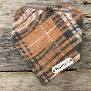 Dog Bandana, Winter Plaid Brown Green Rustic White Leather Personalized Name Tag, Tie On Dog Dog Bandana Boho Dog Bandana Unisex Dog Bandana