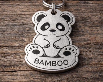 Panda Bear Cute Pet ID Tag Personalized – Custom Engraved Silver Brushed Metal Dog Tag, Handmade Unique Design, Rustic Collar Tag, Sturdy